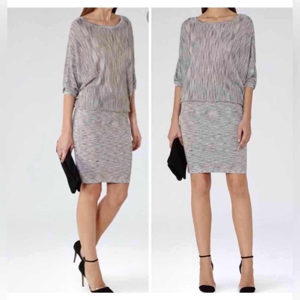 Reiss Sabra Knitted Blouson GREY BLUE batwing Sleeve Midi Dress Size 6